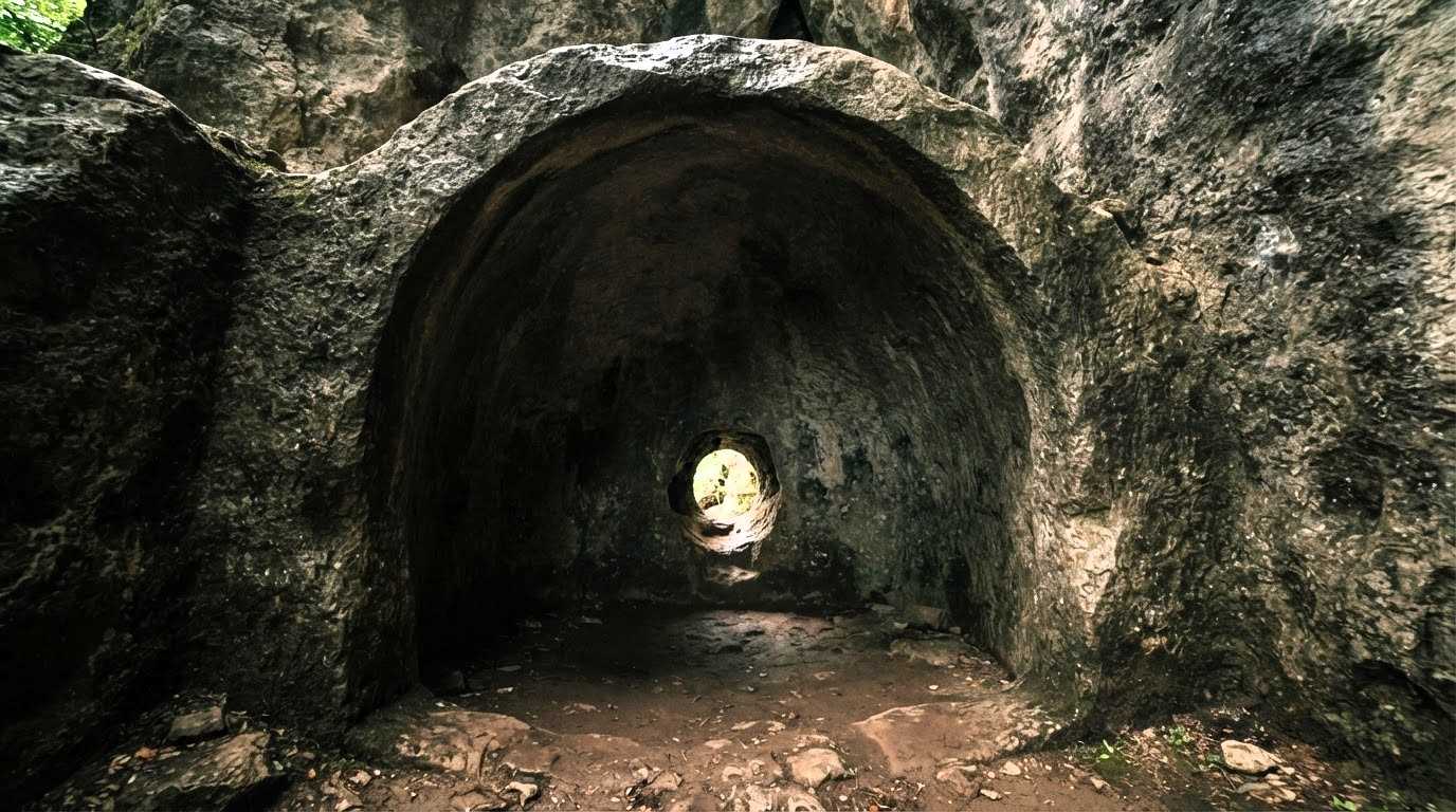 Подковообразная камера дольмена-монолита со сферическим потолком, размер 1,5 на 1,9 метра, Волконское ущелье