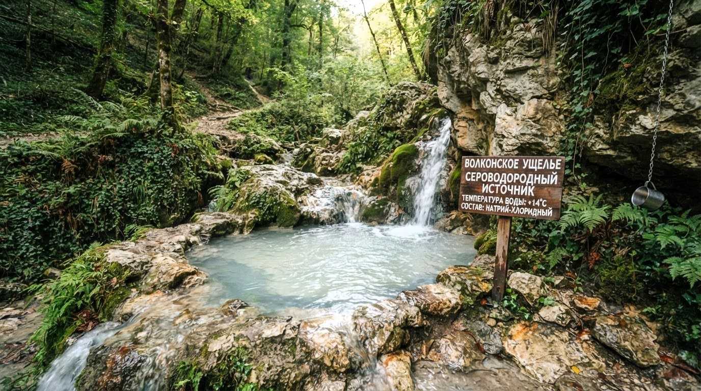Сероводородный источник в Волконском ущелье с температурой воды плюс 14 градусов, натрий-хлоридный состав